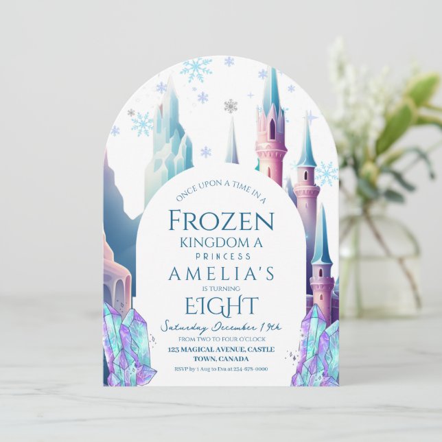 Frozen 8th Birthday Cartoon Castle Invitation (Standing Front)