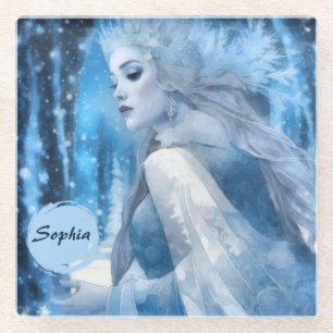 Frozen Beauty Snow Queen in Winter Wonderland Glass Coaster