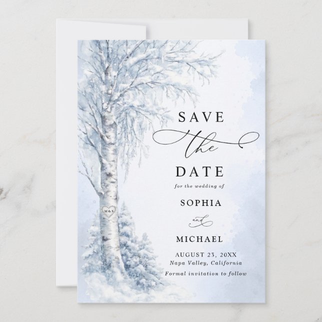 Frozen Birch Tree Wedding Save The Date Invitation (Front)