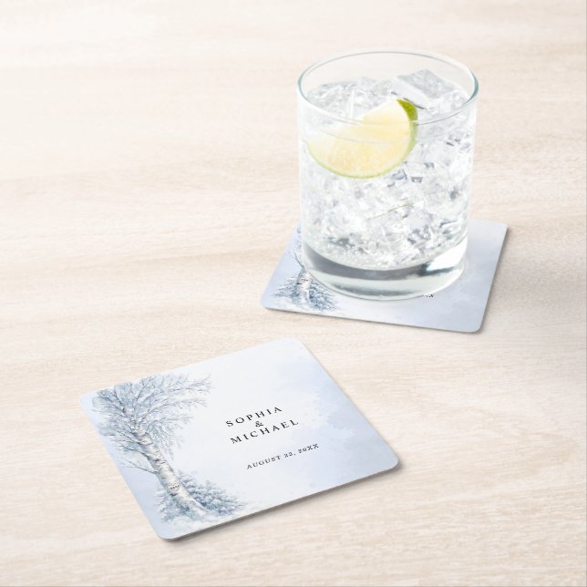 Frozen Birch Tree Wedding  Square Paper Coaster (Insitu)