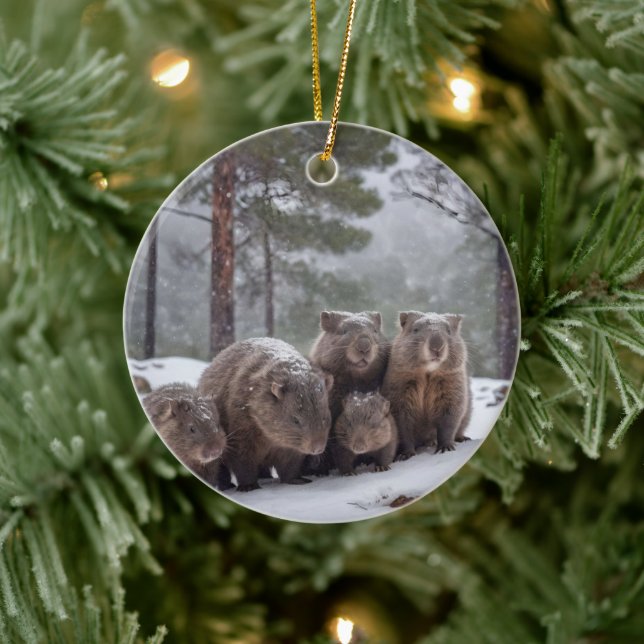Frozen Burrow: Australian Wombat Family Ceramic Tree Decoration (Tree)