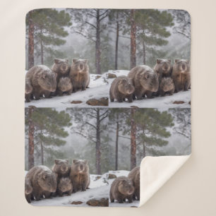Frozen Burrow: Australian Wombat Family Sherpa Blanket