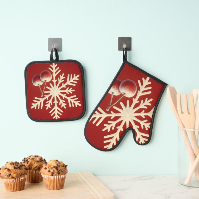 Frozen Cherry Snowflake – Winter Magic Design Oven Mitt & Pot Holder Set (Insitu(Hanging))