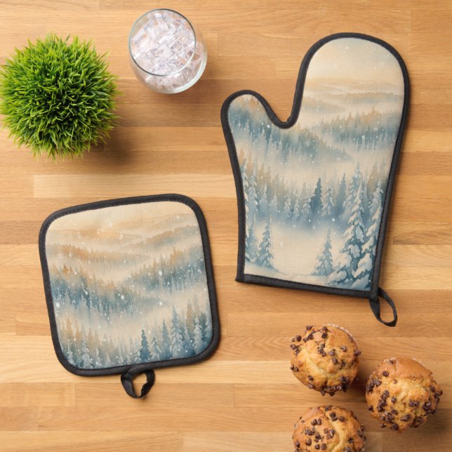 Frozen Dreams Snowy Landscape Oven Mitt & Pot Holder Set (Top Down)