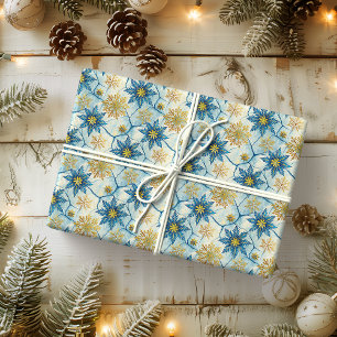 Frozen Elegance Blue and Gold Snowflake Wrapping Paper
