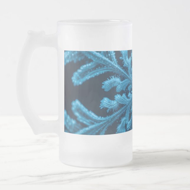 Frozen Elegance: Intricate Blue Snowflake Design Frosted Glass Beer Mug (Left)