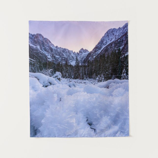 Frozen foliage and mountains at sunset tapestry (Front)