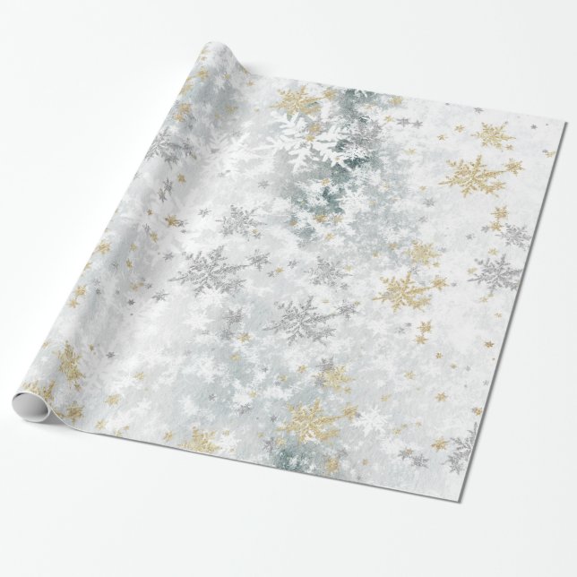 Frozen Lake Ice Fresh Gold & Silver Snowflakes Wrapping Paper (Unrolled)