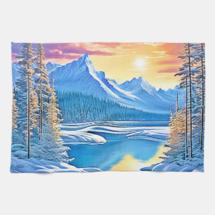 Frozen Lake Sunset Art Tea Towel