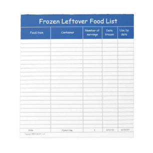 Frozen Leftover Foods List Notepad