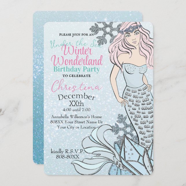 Frozen Mermaid Princess Winter Theme Party Invitation (Front/Back)