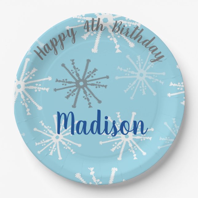 Frozen Party Snowflakes Happy Birthday Paper Plate (Front)