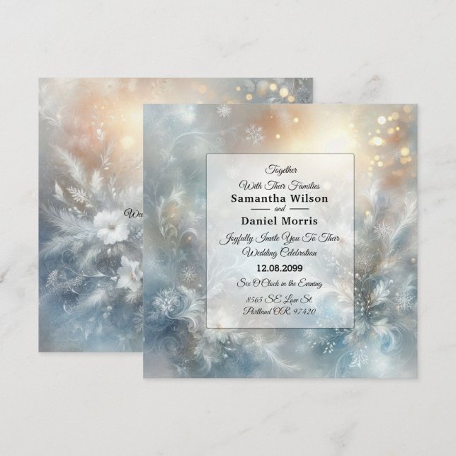 Frozen Petals in a Golden Winter Mist Wedding Invitation (Front/Back)