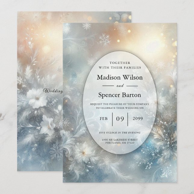 Frozen Petals in a Golden Winter Mist Wedding Invitation (Front/Back)
