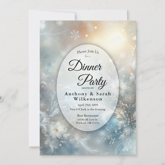 Frozen Petals in Golden Winter Restaurant Dinner Invitation (Front)