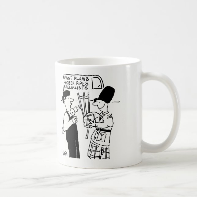 Frozen Pipes - Plumber assists Man with Bagpipes Coffee Mug (Right)