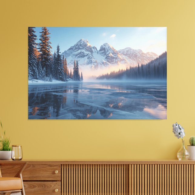 Frozen Serenity – Majestic Winter Lake Landscape Canvas Print (Insitu(LivingRoom))