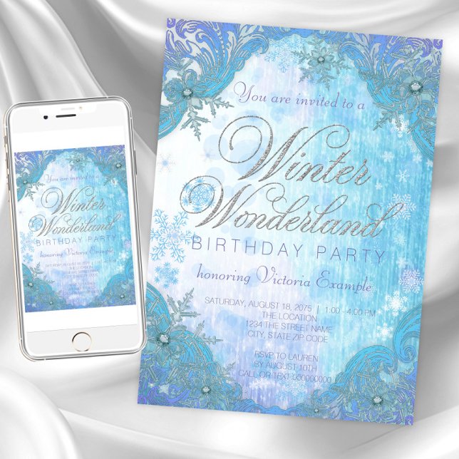 Frozen Snowflake Winter Wonderland Birthday Party Invitation (Winter wonderland invitation any occasion. Instant download and printed invitations available.)