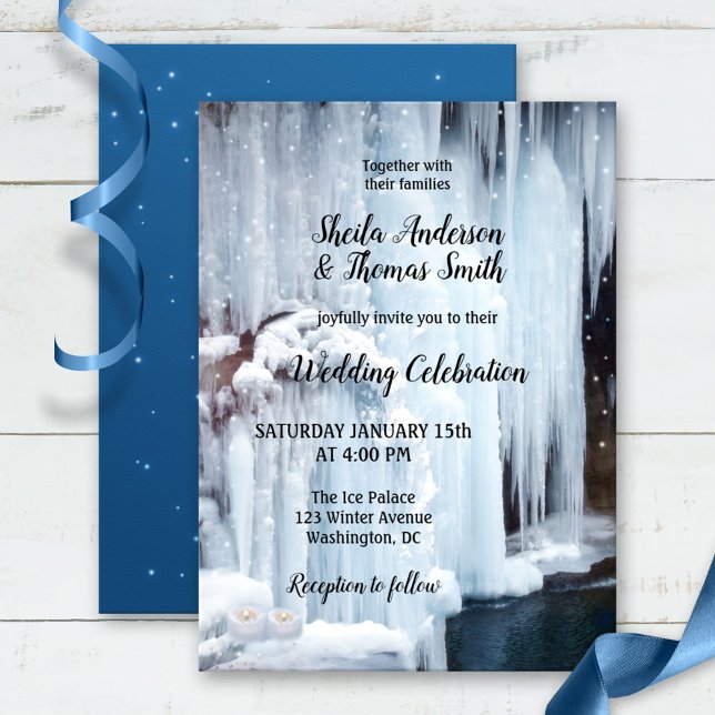 Frozen Waterfall Sparkling Snow Winter Wedding Invitation (Winter invitation featuring a frozen waterfall with candles and sparkling light snow flakes.)