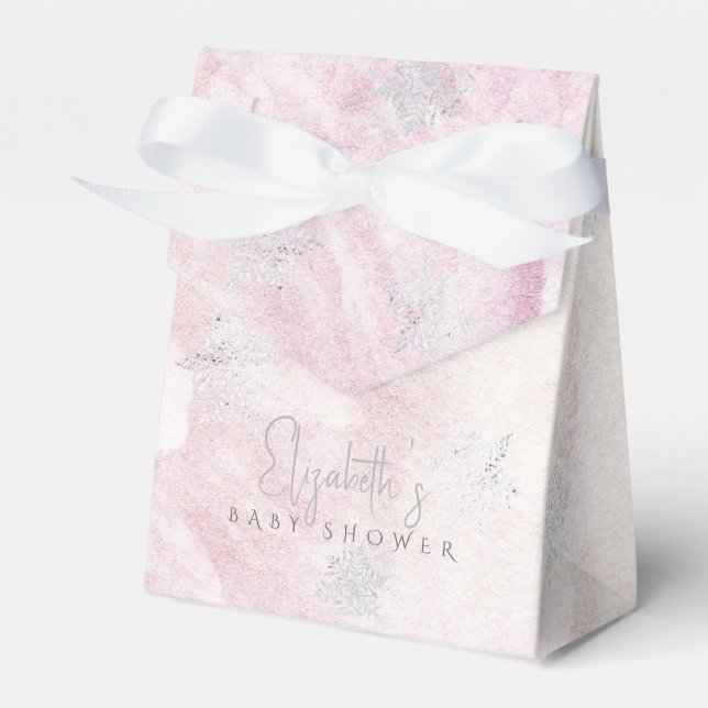 Frozen Winter Silver Snowflake Pink Baby Shower Favour Box (Front Side)