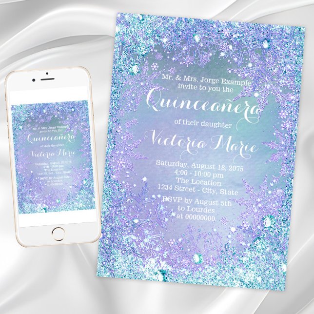 Frozen Winter Wonderland Quinceanera Invitation (Winter wonderland Quinceanera invitation with purple and teal snowflakes. Any event invitation.)