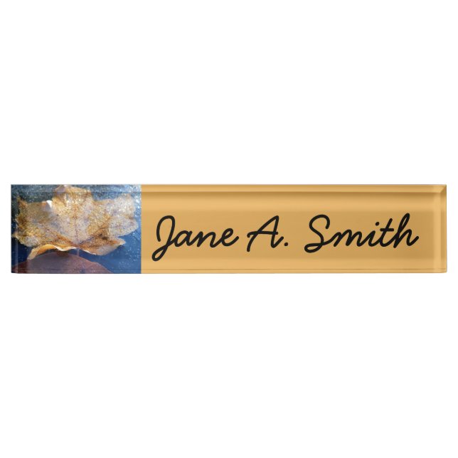 Frozen Yellow Maple Leaf Autumn Nature Nameplate (Front)