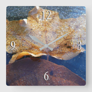 Frozen Yellow Maple Leaf Autumn Nature Square Wall Clock