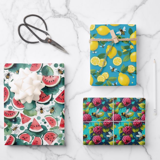 Fruit And Bees Watermelon Lemons & Rasberries Wrapping Paper Sheet (Front)