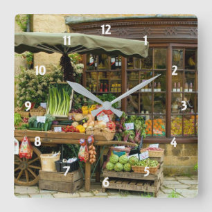 Fruit and Veg Colourful English Village Store Square Wall Clock