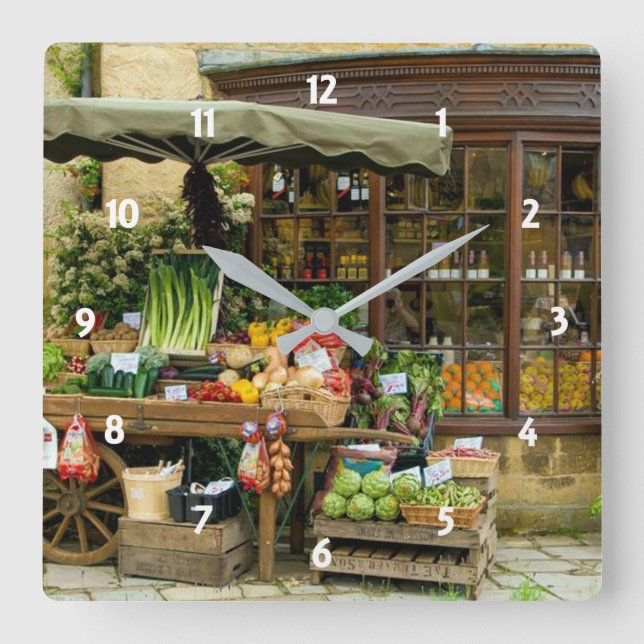 Fruit and Veg Colourful English Village Store Square Wall Clock (Front)