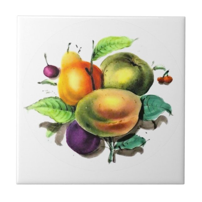 Fruit Art Pear, Green Apple, Plum Backsplash Tile (Front)