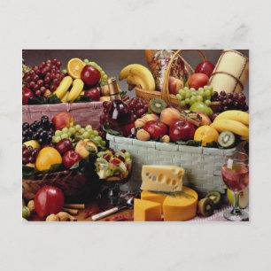 Fruit baskets, mixed fruit and cheeses postcard