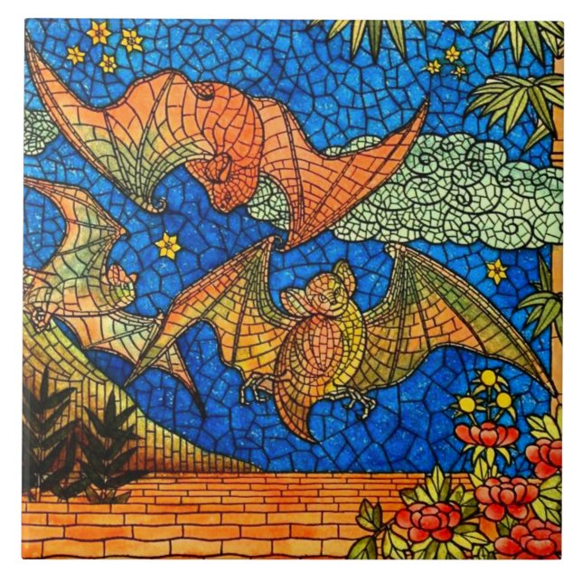 Fruit bat vintage Stained glass look mosaic Tile (Front)