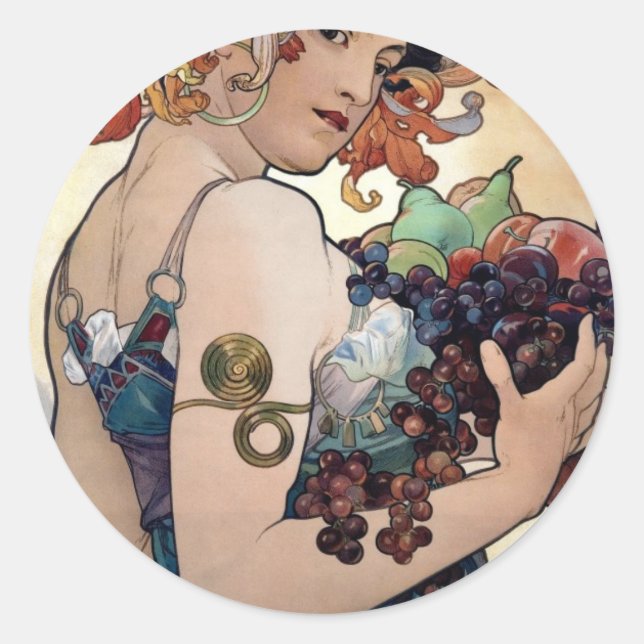 Fruit by Alfons Mucha 1897 Classic Round Sticker (Front)