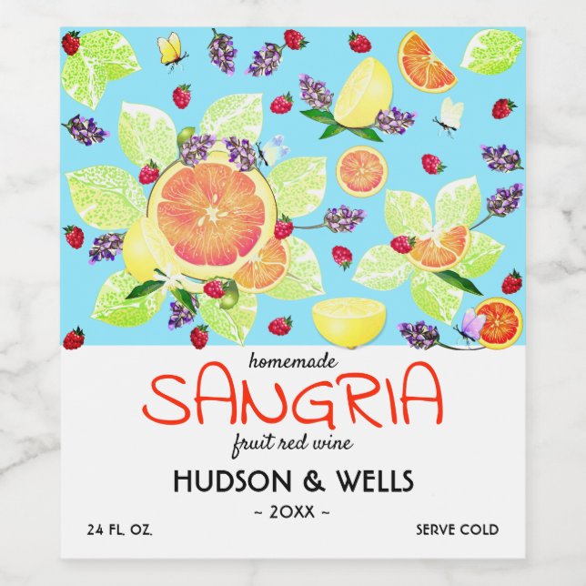 Fruit Citrus Grapefruit Lemon Sangria Wedding Wine Label (Single Label)