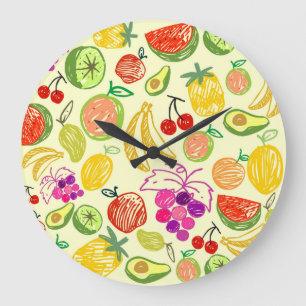 Fruit Doodle Pattern Large Clock