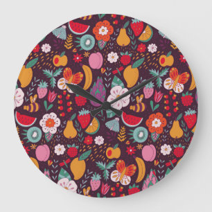 Fruit doodles, hand-drawn summer decor. large clock