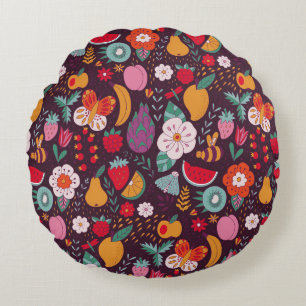 Fruit doodles, hand-drawn summer decor. round cushion