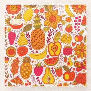 Fruit Doodles: Summer Vintage Pattern. Glass Coaster