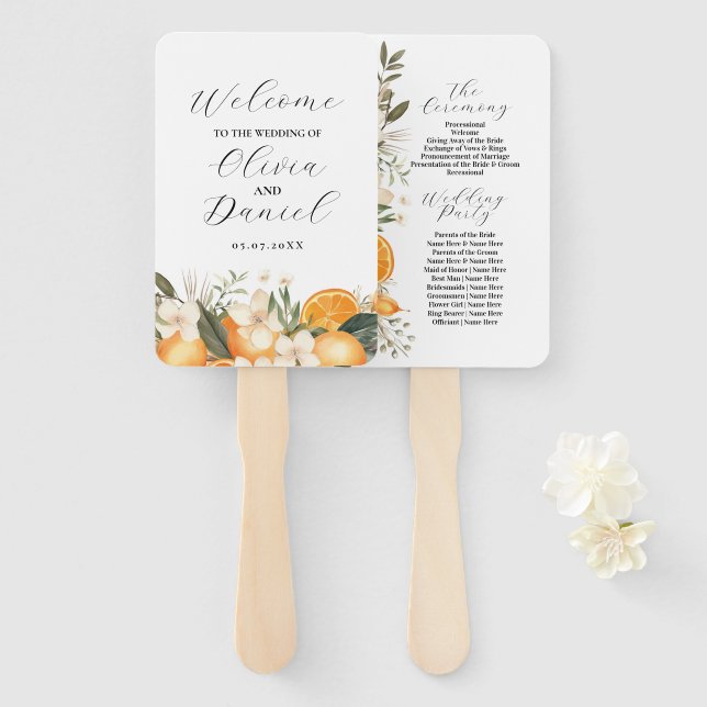 Fruit Floral Oranges Wedding Menu Programme Hand Fan (Front and Back)