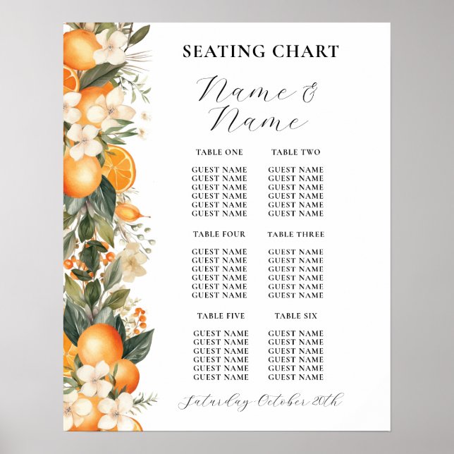 Fruit Flowers Table 6 Seating Plan Wedding Oranges Poster (Front)