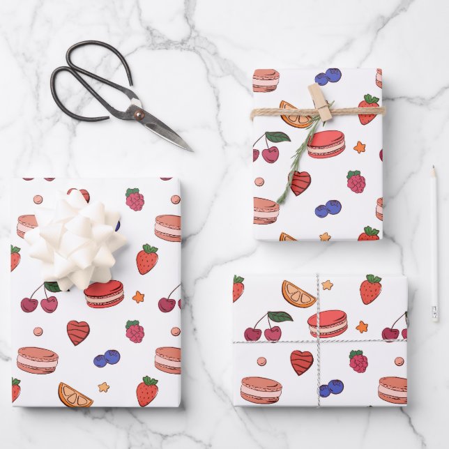 Fruit & French Macaron Pattern Wrapping Paper Sheet (Front)