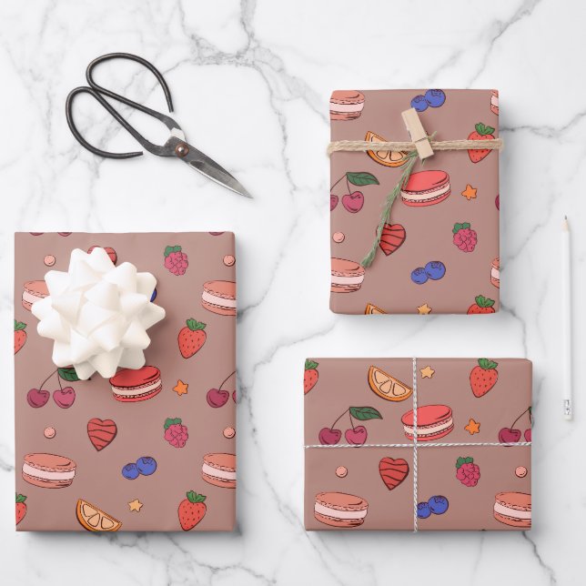 Fruit & French Macaron Pattern Wrapping Paper Sheet (Front)