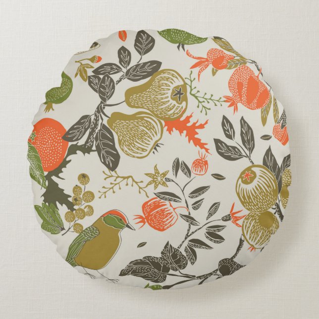 fruit garden with bird. seamless pattern round cushion (Front)