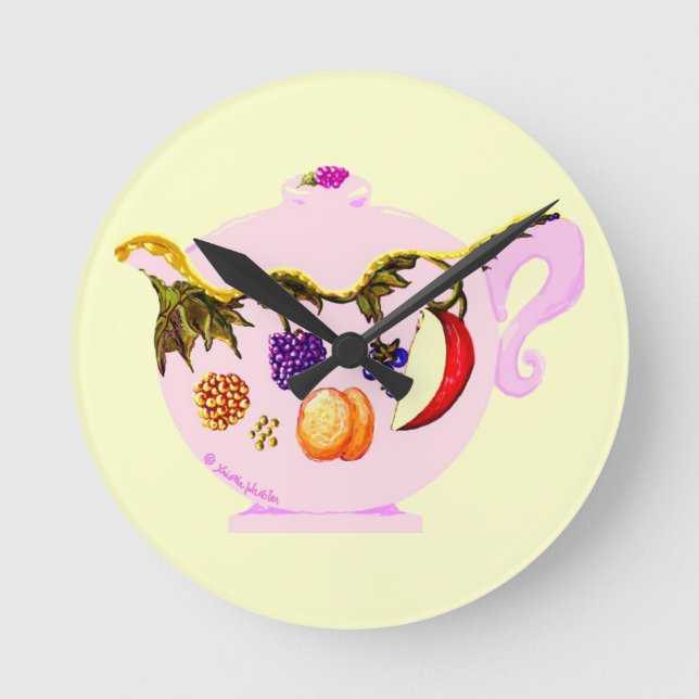 Fruit & Leaves Pink China Teapot Round Wall Clock (Front)