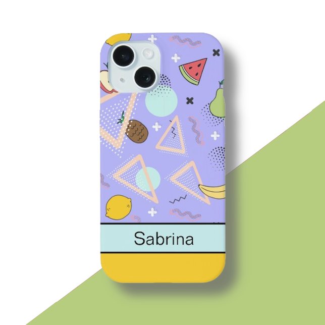 Fruit Memphis Pattern Purple iPhone 15 Case (Creator Uploaded)