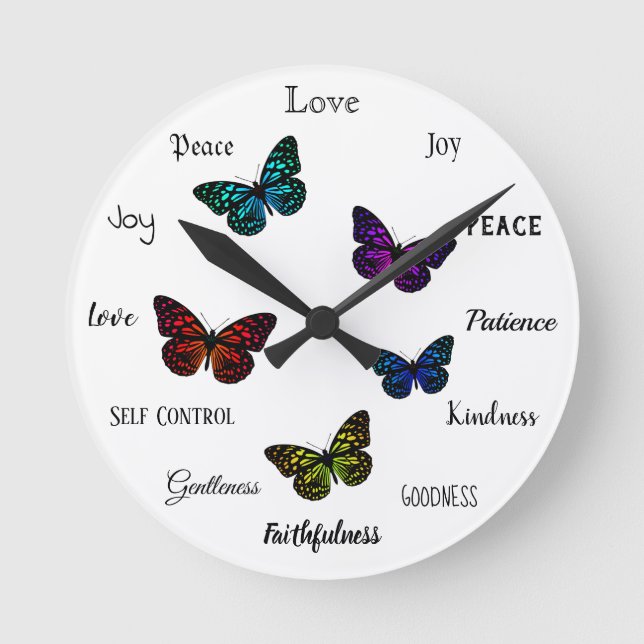 Fruit of the Spirit Christian Virtues Butterfly Round Clock (Front)