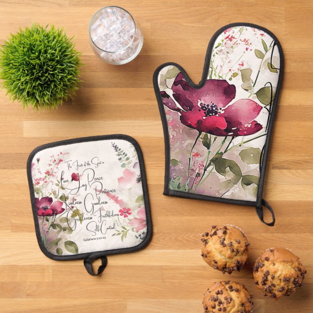 Fruit of the Spirit pink floral Oven Mitt & Pot Holder Set (Top Down)