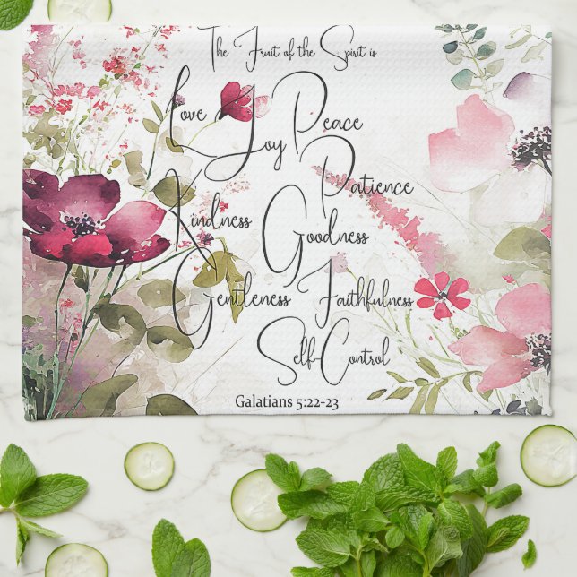 Fruit of the Spirit pink floral Tea Towel (Folded)