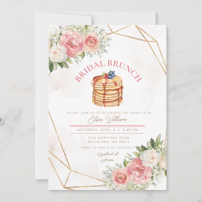 Fruit Pancake Pink Florals Bridal Shower Brunch Invitation (Front)